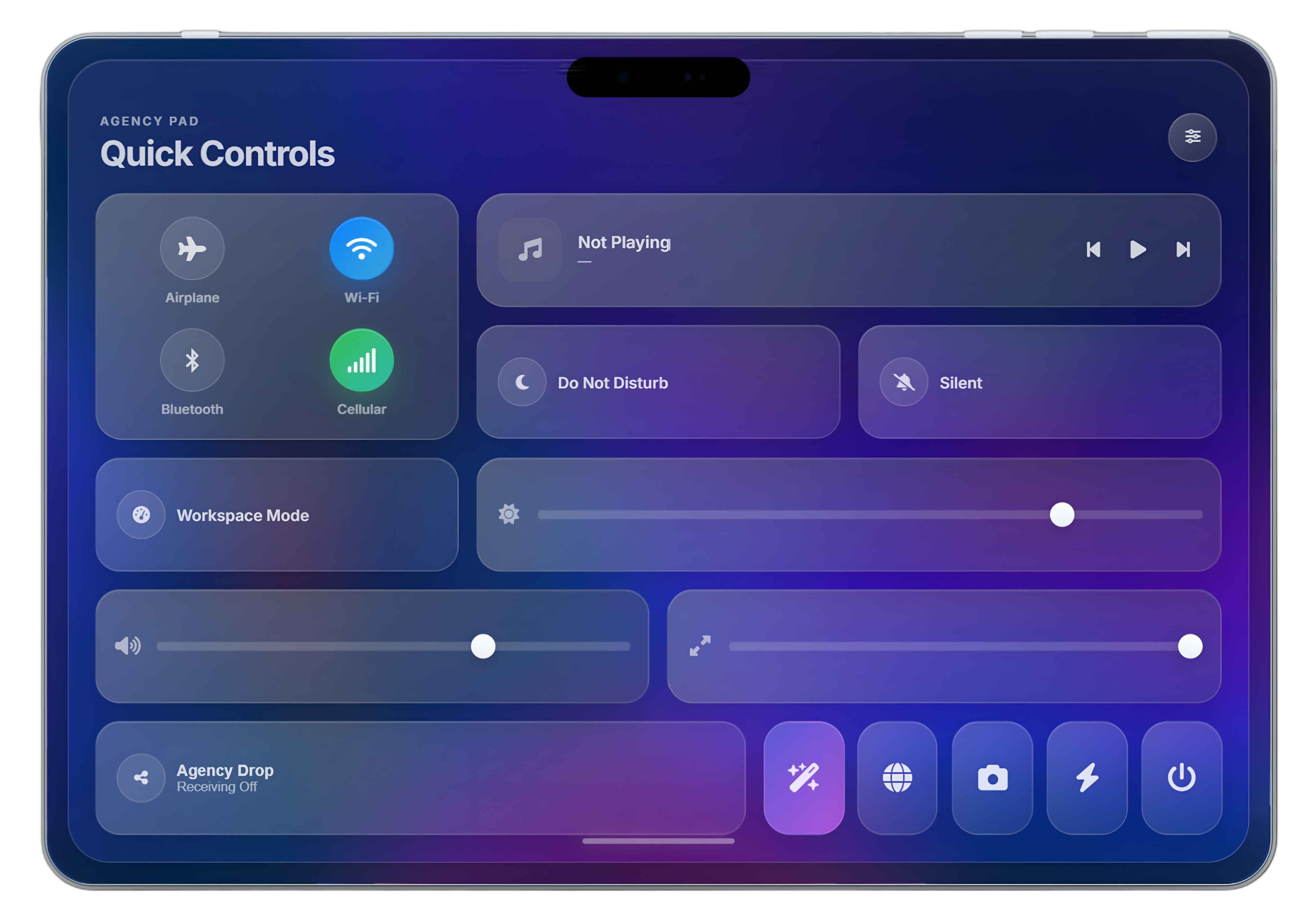 Quick Controls panel on Agency Pad