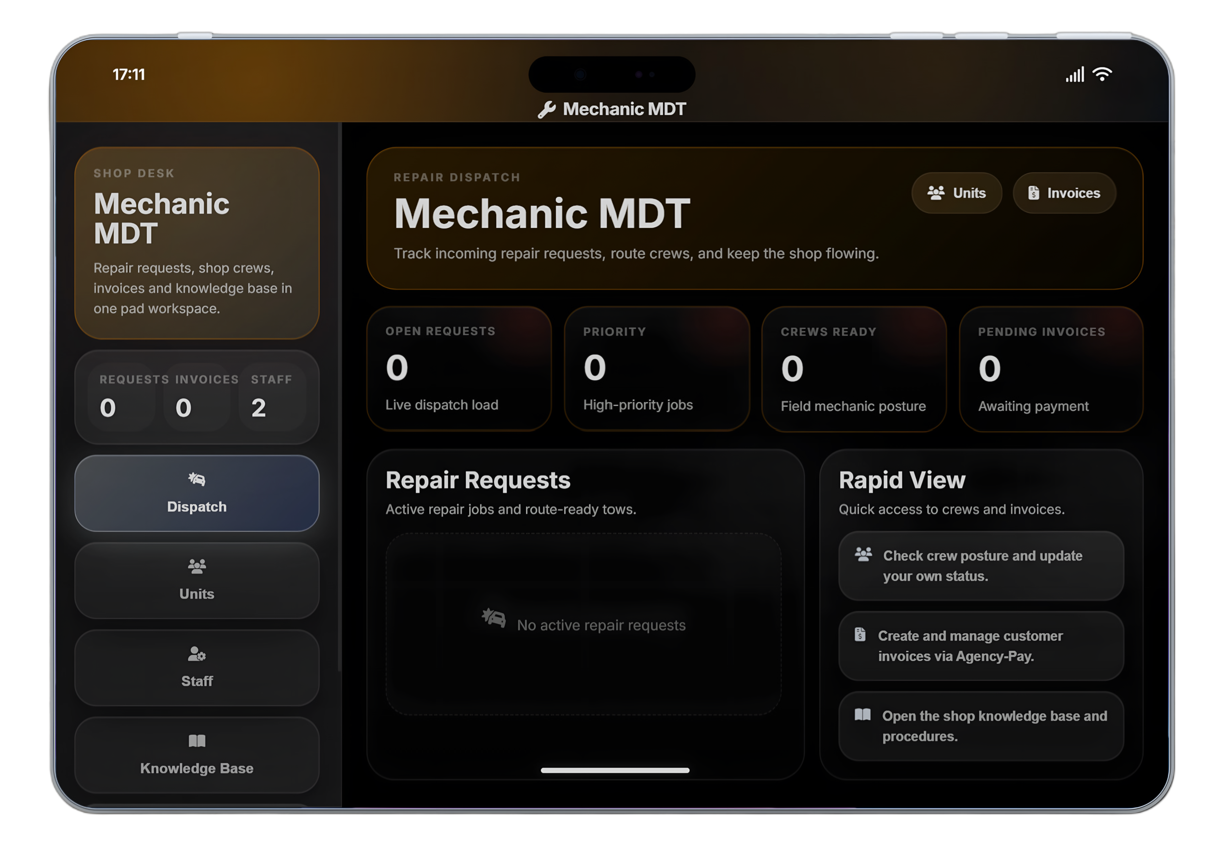 Mechanic MDT shop dispatch on Agency Pad