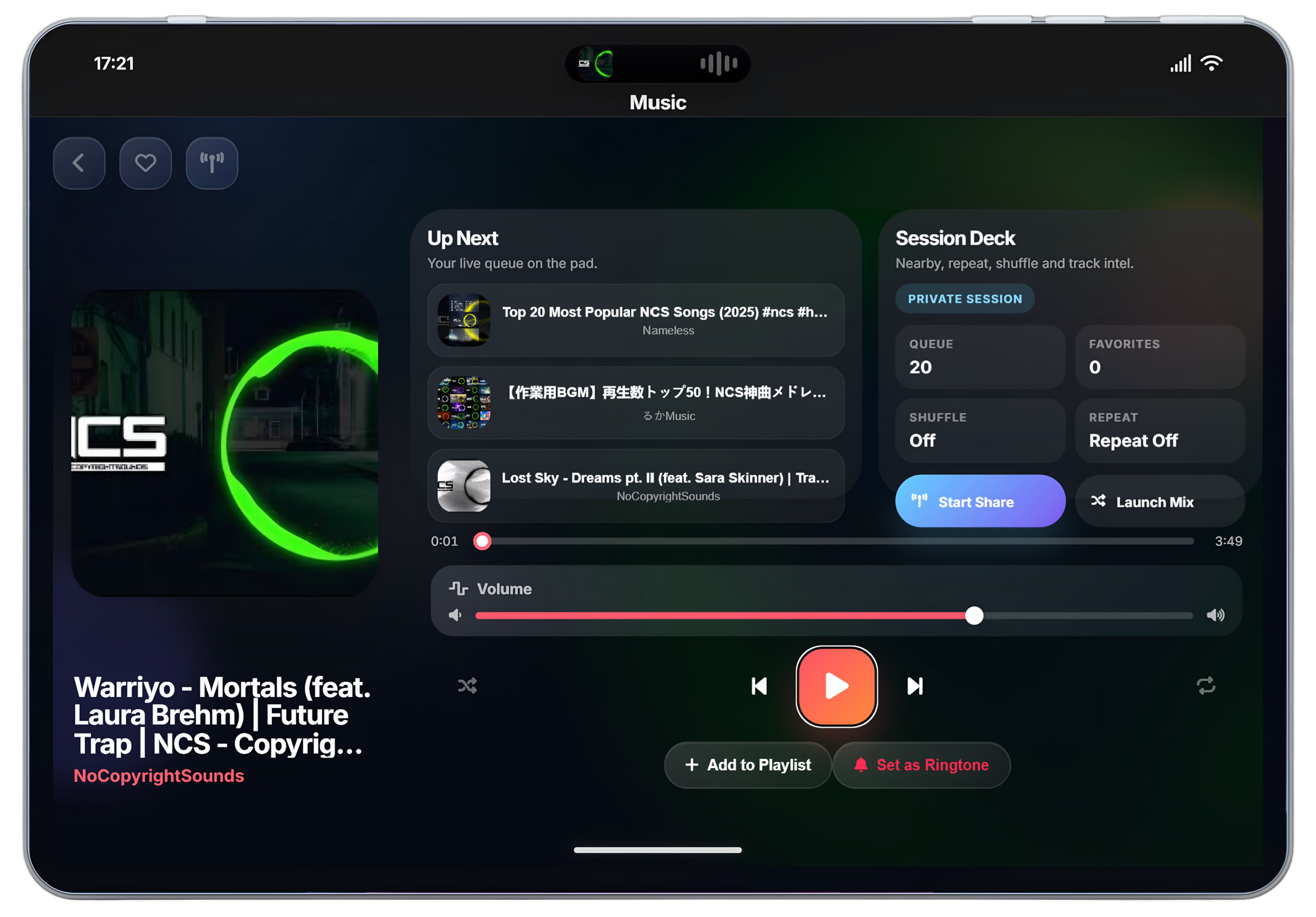 Music app full player on Agency Pad