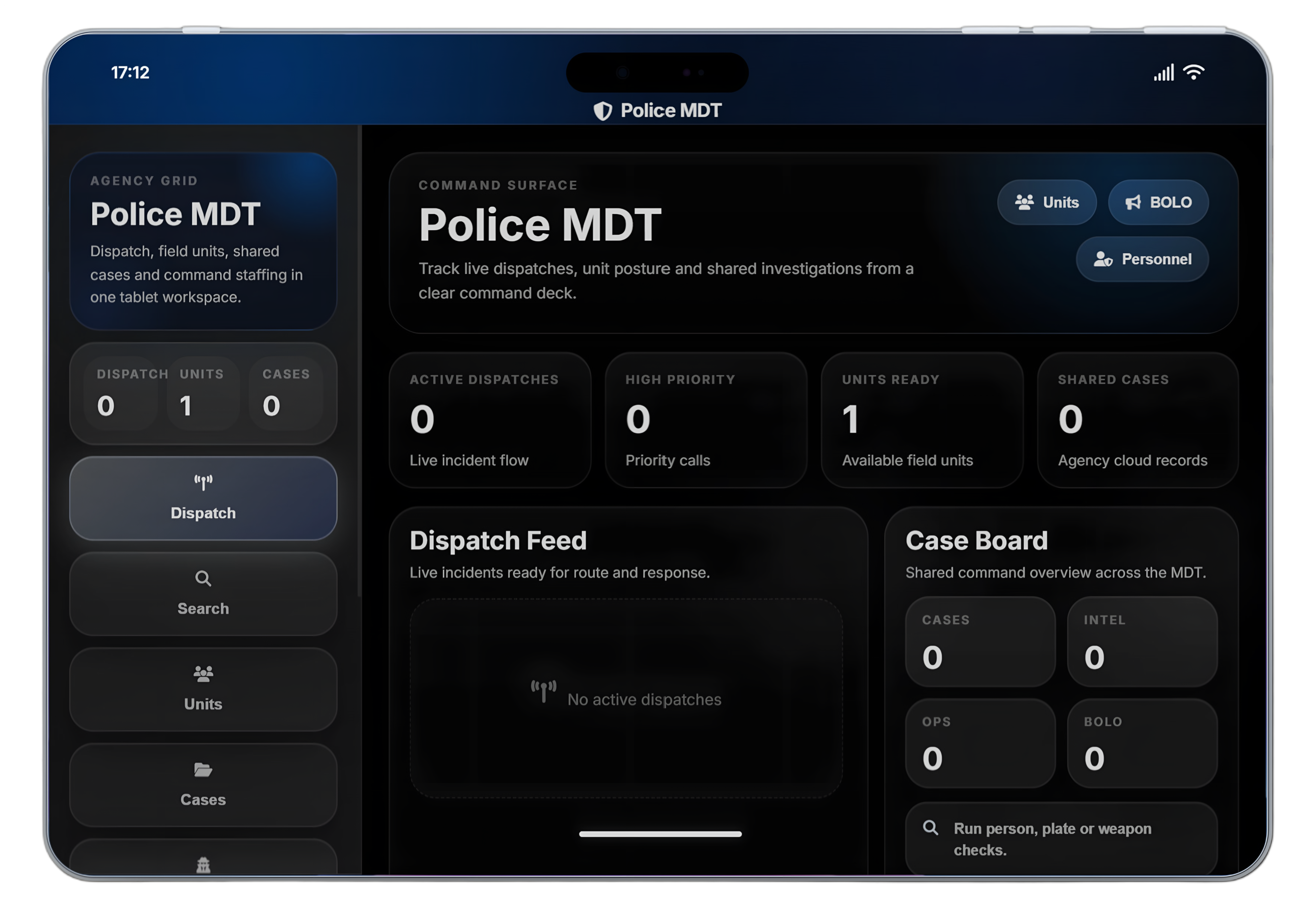 Police MDT command surface on Agency Pad